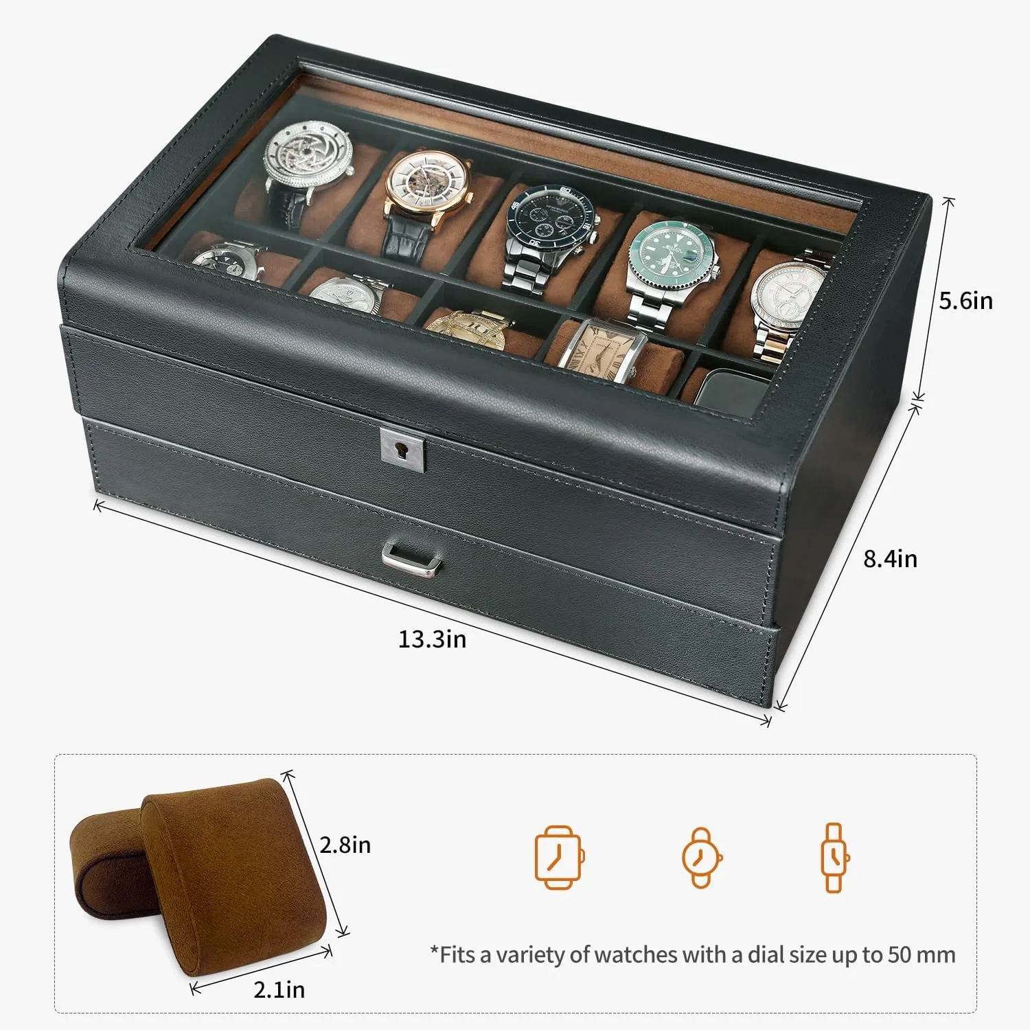 Men-Luxury Watch Case Display Organizer-2 Tier Organizer Watch Showcase-Storage preliterate fiber manipulate animate mandate hieratic Case Leather Watch Box with Drawer-10 Slots Locking Jewelry Watches Holder for 