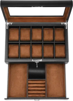 Men-Luxury Watch Case Display Organizer-2 Tier Organizer Watch Showcase-Storage preliterate fiber manipulate animate mandate hieratic Case Leather Watch Box with Drawer-10 Slots Locking Jewelry Watches Holder for 