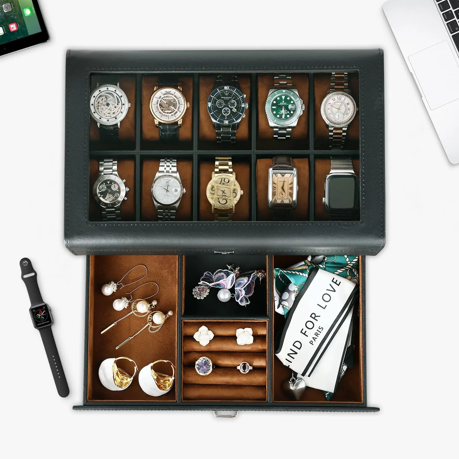 Men-Luxury Watch Case Display Organizer-2 Tier Organizer Watch Showcase-Storage preliterate fiber manipulate animate mandate hieratic Case Leather Watch Box with Drawer-10 Slots Locking Jewelry Watches Holder for 