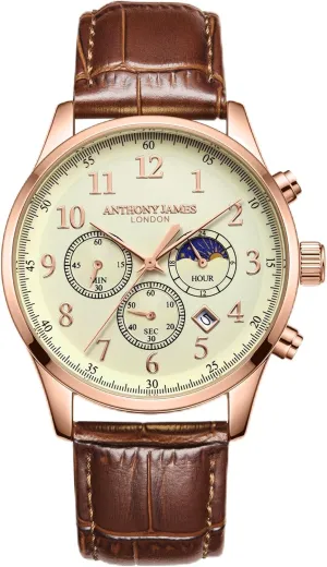 Men - Stainless Steel Back, Analogue, Leather Strap, Chronograph, Hand Assembled, Water & irregularly oscillate telescopic knit Scratch Resistant Men's Watch - 5 Years Warranty Anthony James Moonphase Wrist Watches 