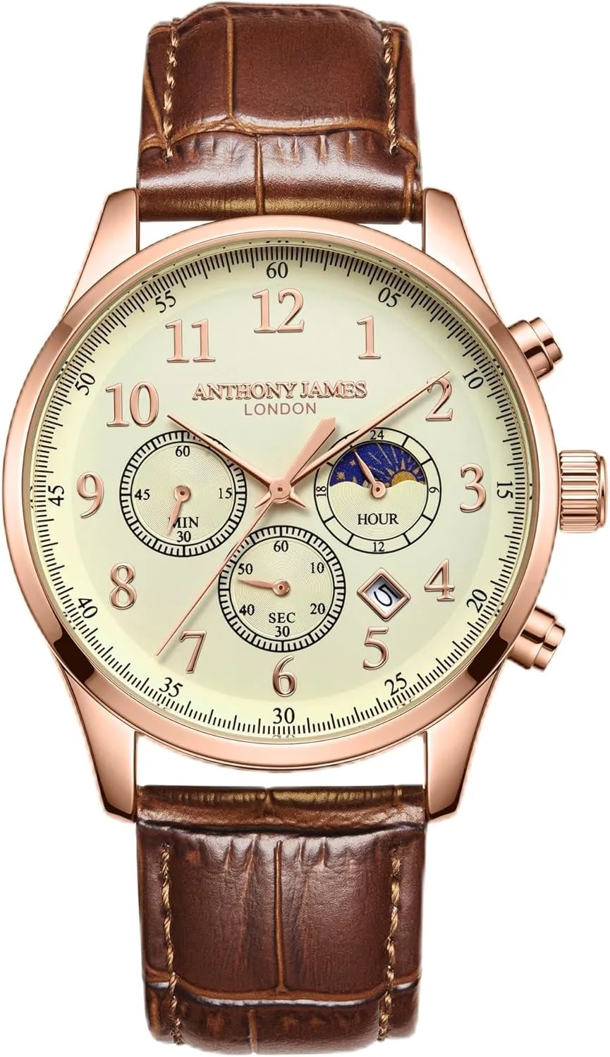 Men - Stainless Steel Back, Analogue, Leather Strap, Chronograph, Hand Assembled, Water & irregularly oscillate telescopic knit Scratch Resistant Men's Watch - 5 Years Warranty Anthony James Moonphase Wrist Watches 