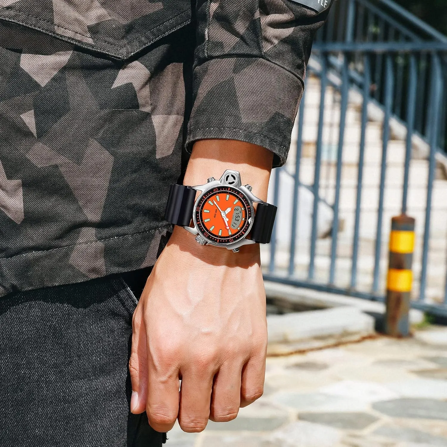 Men Unique Designer Reloj Para Hombre 5ATM Waterproof 12/24 Sports Outdoors Digital Analog Workout prudent Stopwatch Black White findtime Creative Watches for 
