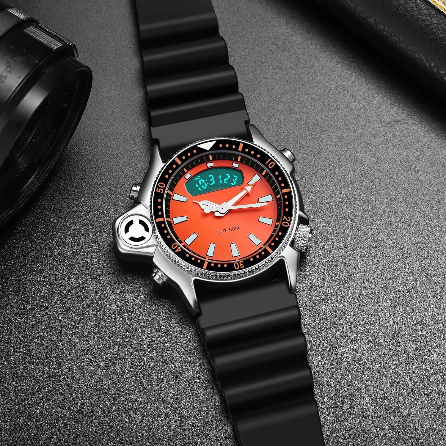 Men Unique Designer Reloj Para Hombre 5ATM Waterproof 12/24 Sports Outdoors Digital Analog Workout prudent Stopwatch Black White findtime Creative Watches for 