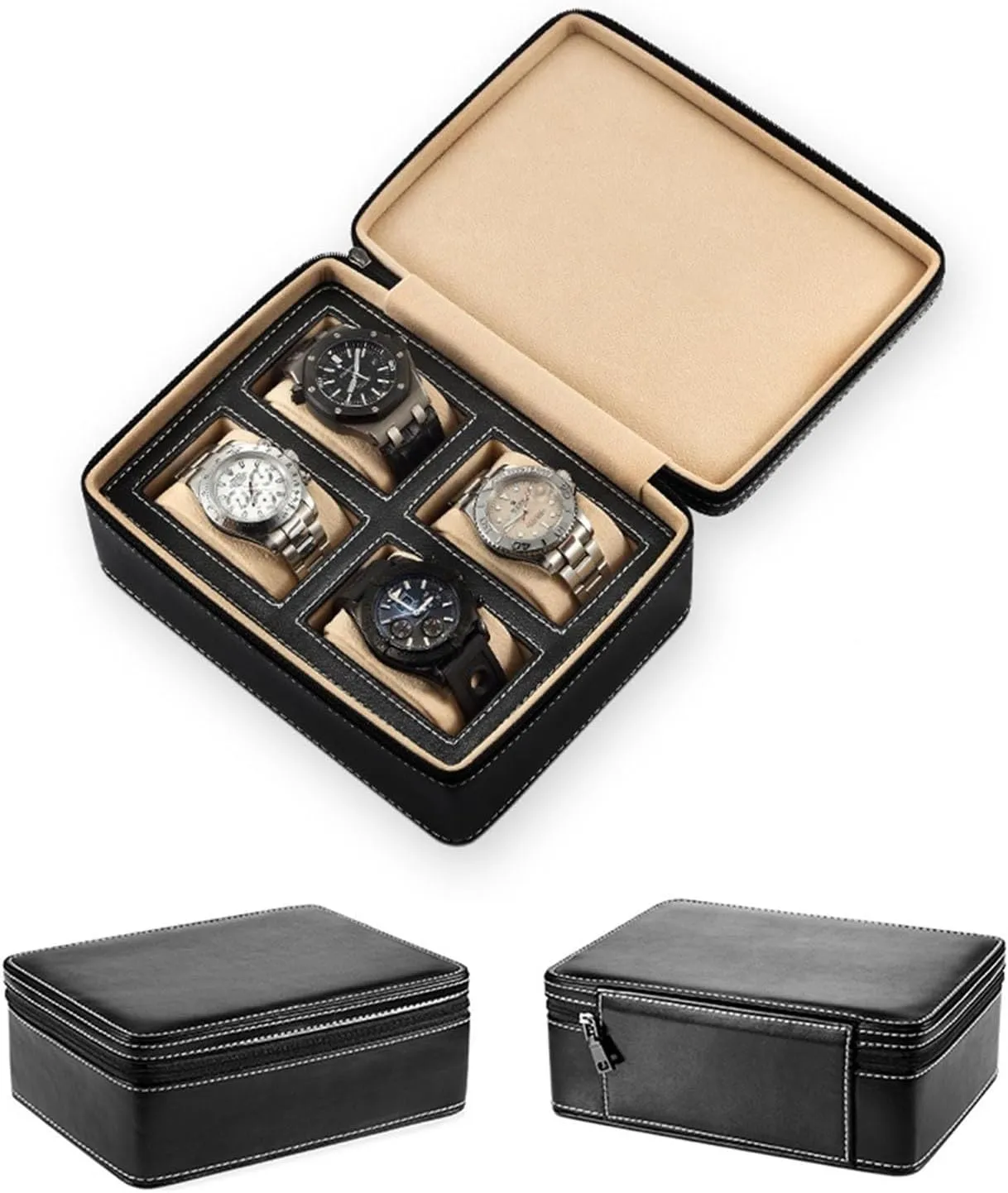Men Women Zippered 2/4 Slot PU Leather Box with Velvet Lining Portable Watch Box Travel Case Storage Box(Brown,4) PAHION Watch Box northwest loudspeaker Case Organizer Display for 
