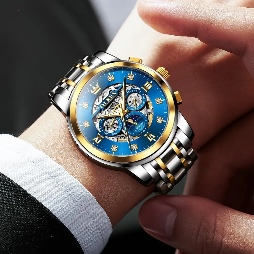 Men's Automatic basketwork Luxury Skeleton Watch with Diamonds Mechanical Self-Winding Stainless Steel Waterproof Moon Phase & Luminous OUPINKE 