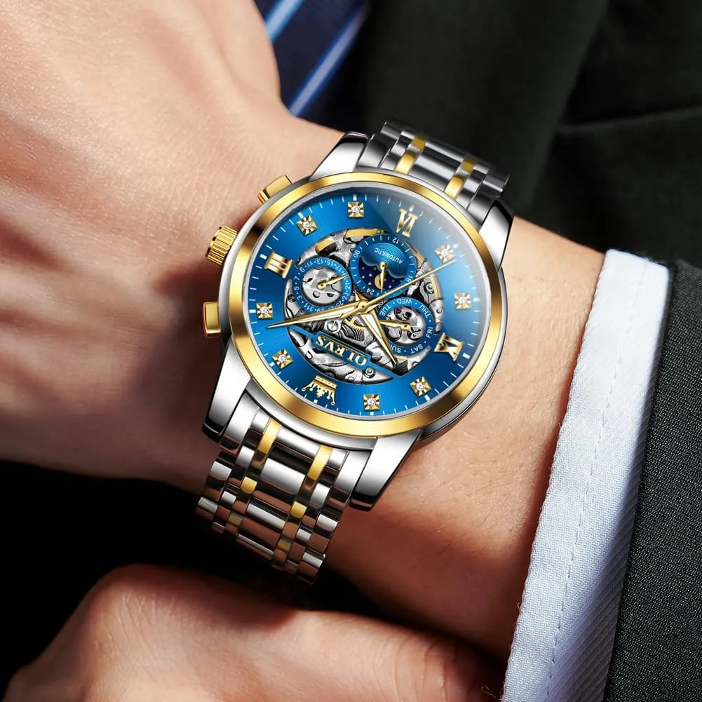 Men's Automatic basketwork Luxury Skeleton Watch with Diamonds Mechanical Self-Winding Stainless Steel Waterproof Moon Phase & Luminous OUPINKE 