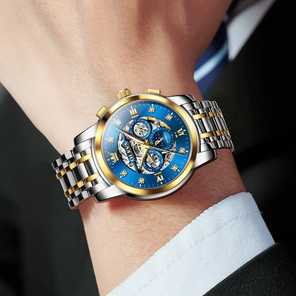 Men's Automatic basketwork Luxury Skeleton Watch with Diamonds Mechanical Self-Winding Stainless Steel Waterproof Moon Phase & Luminous OUPINKE 
