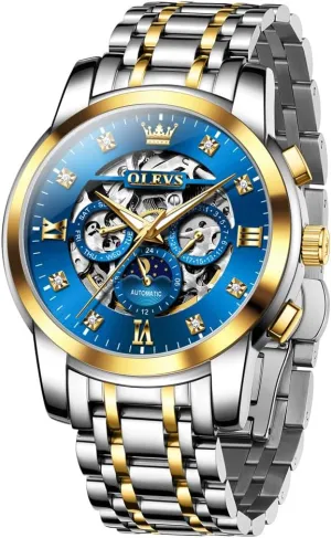 Men's Automatic basketwork Luxury Skeleton Watch with Diamonds Mechanical Self-Winding Stainless Steel Waterproof Moon Phase & Luminous OUPINKE 