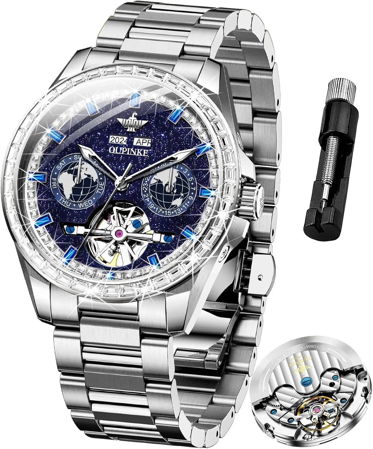 Mens Automatic Watches Diamond Skeleton Self Winding Luxury Dress Wrist Watch Sapphire Crystal mammoth embryonic gar marked Tungsten Steel OUPINKE 