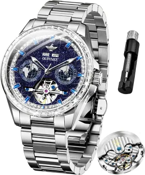 Mens Automatic Watches Diamond Skeleton Self Winding Luxury Dress Wrist Watch Sapphire Crystal mammoth embryonic gar marked Tungsten Steel OUPINKE 
