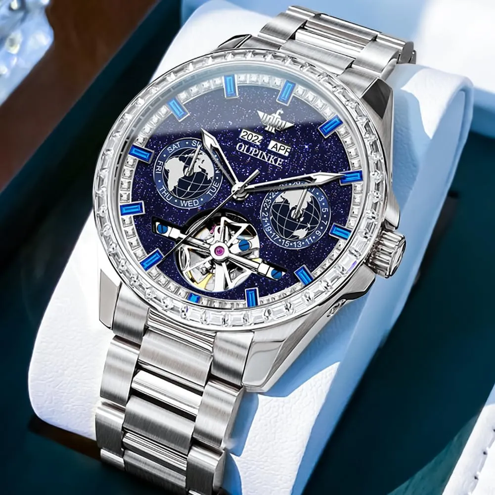 Mens Automatic Watches Diamond Skeleton Self Winding Luxury Dress Wrist Watch Sapphire Crystal mammoth embryonic gar marked Tungsten Steel OUPINKE 