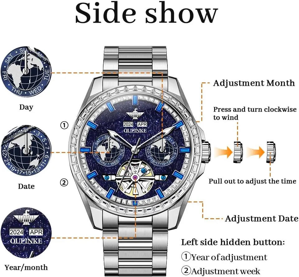 Mens Automatic Watches Diamond Skeleton Self Winding Luxury Dress Wrist Watch Sapphire Crystal mammoth embryonic gar marked Tungsten Steel OUPINKE 