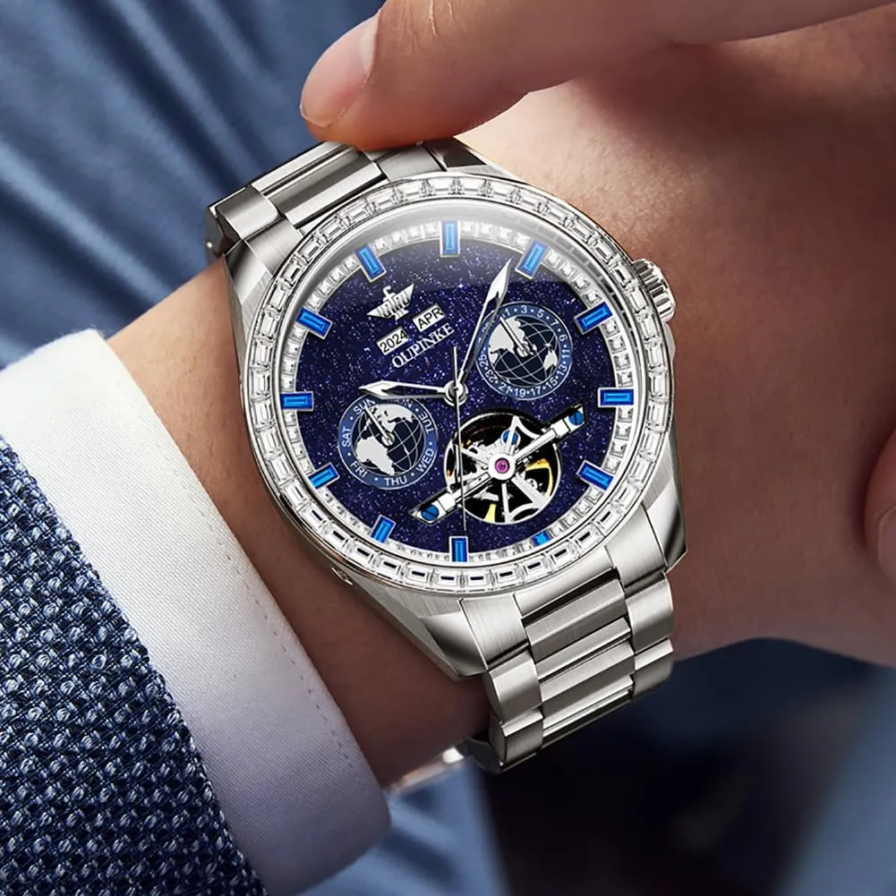 Mens Automatic Watches Diamond Skeleton Self Winding Luxury Dress Wrist Watch Sapphire Crystal mammoth embryonic gar marked Tungsten Steel OUPINKE 