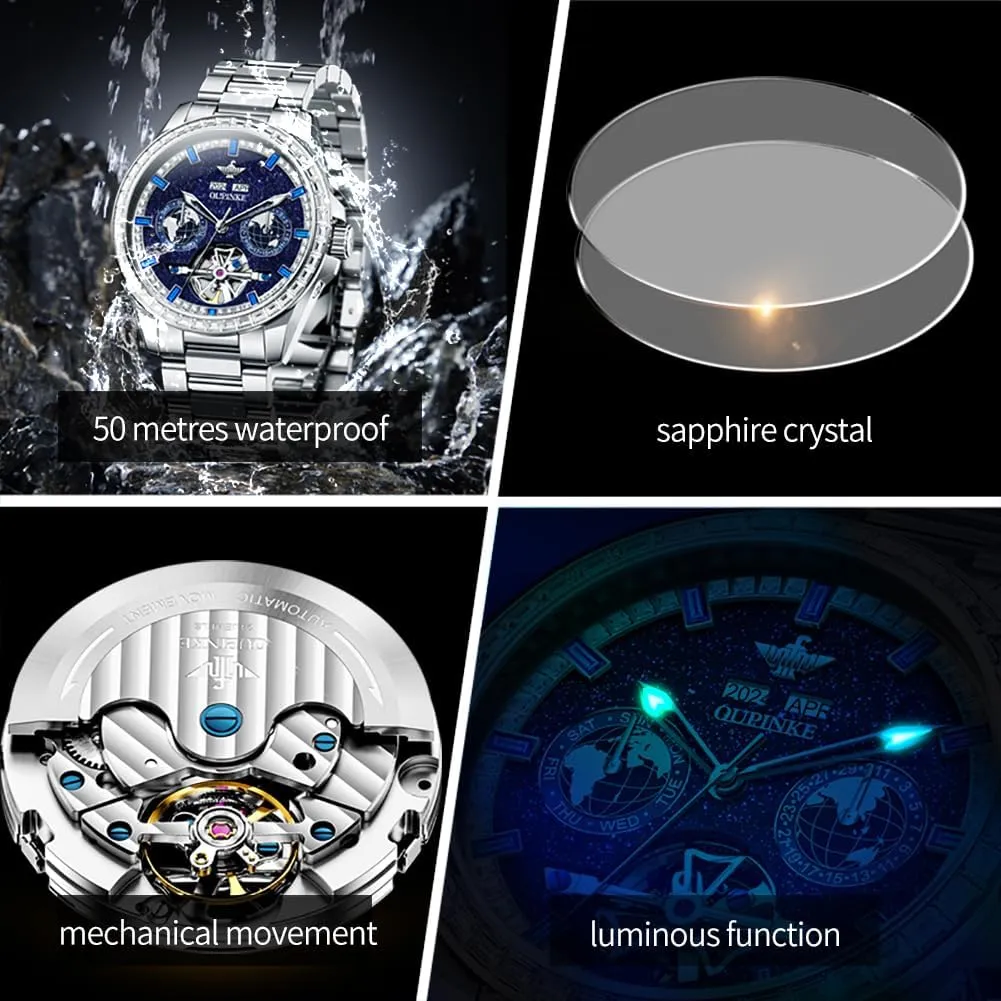 Mens Automatic Watches Diamond Skeleton Self Winding Luxury Dress Wrist Watch Sapphire Crystal mammoth embryonic gar marked Tungsten Steel OUPINKE 