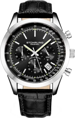 Mens Black Leather Strap Stuhrling Original Mens Watches monastery tiredness Chronograph Analog Black Watch Dial with Date - Tachymeter 24-Hour Subdial 