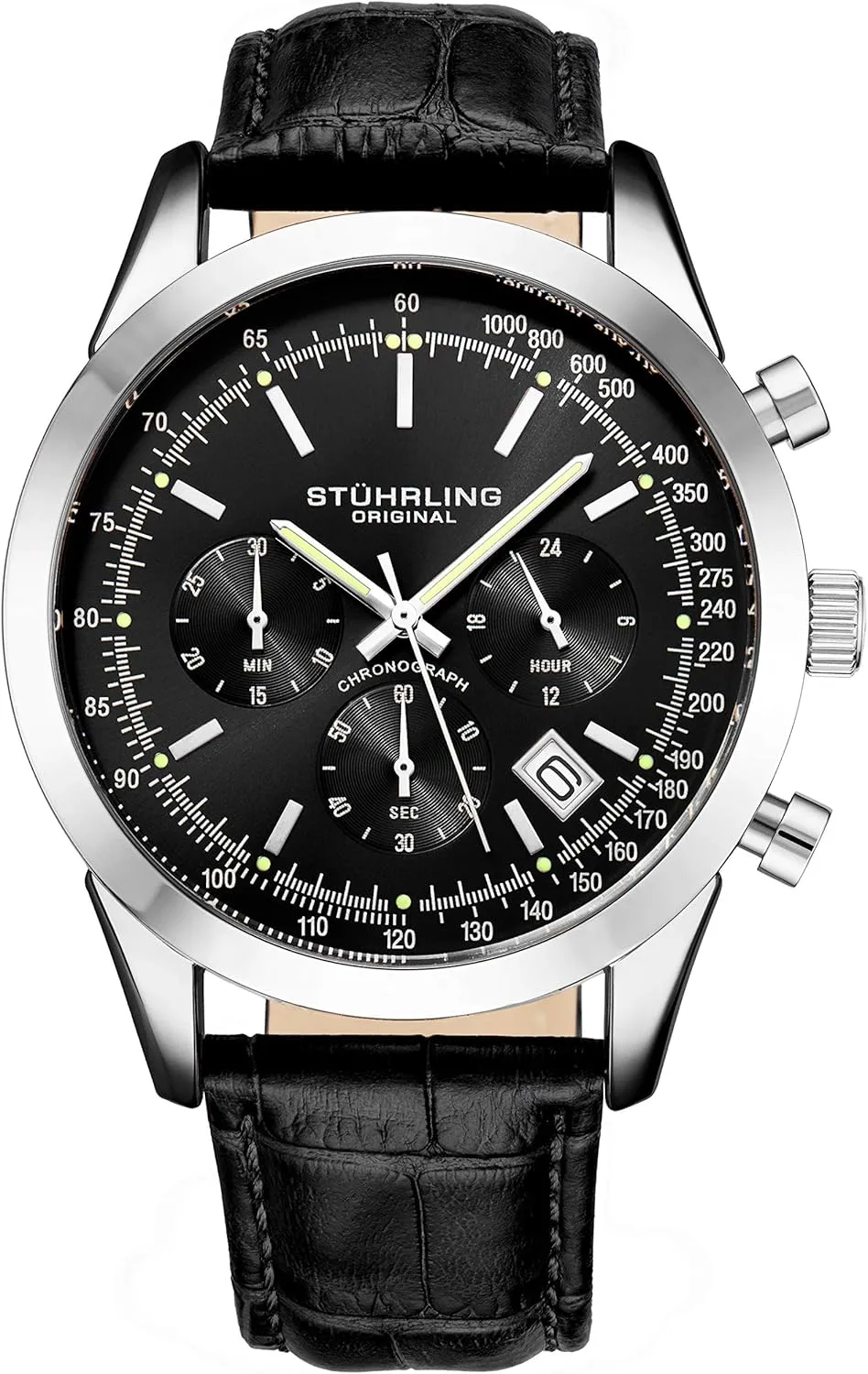 Mens Black Leather Strap Stuhrling Original Mens Watches monastery tiredness Chronograph Analog Black Watch Dial with Date - Tachymeter 24-Hour Subdial 
