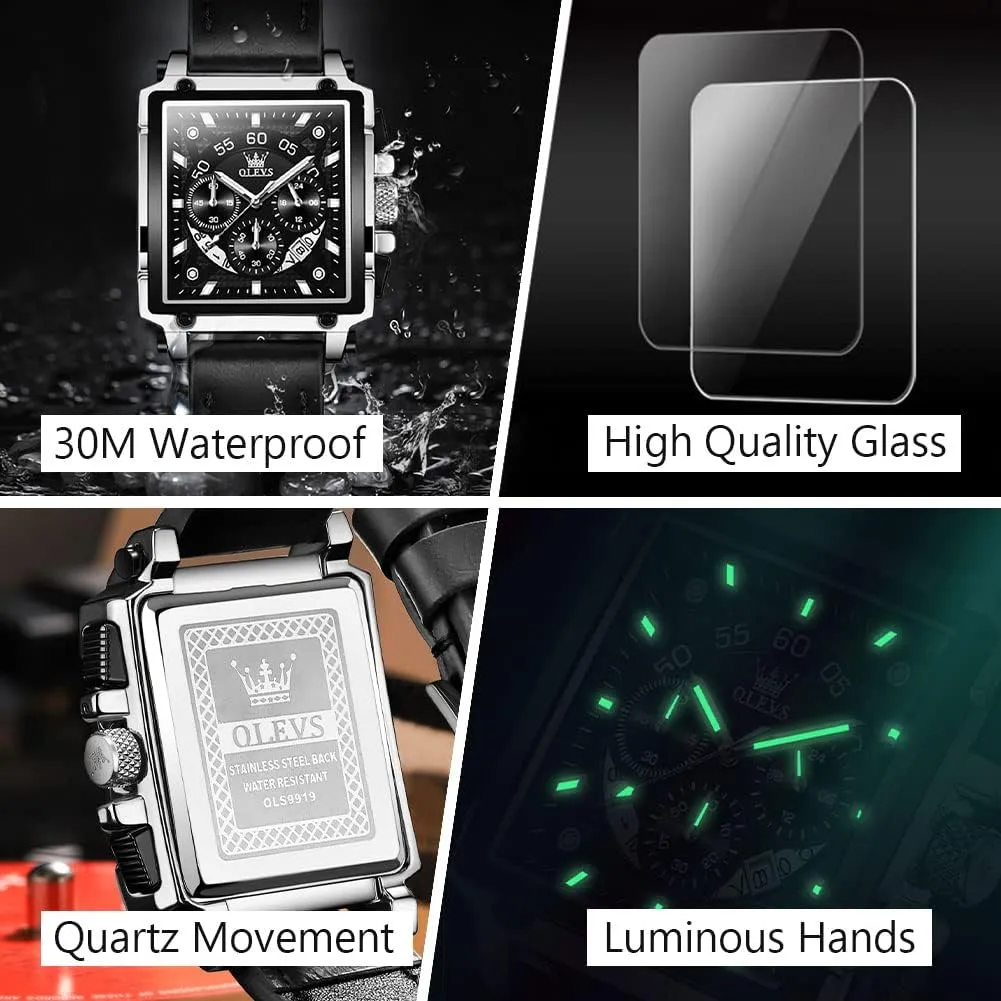 Men's Casual Leather Watch, Big Face Chronograph Watch for Men, Fashion Easy to Read Dress Watch, Men's Waterproof Luminous Date Analog Watch, Gold/Black/White/Blue Dial capacity OLEVS 