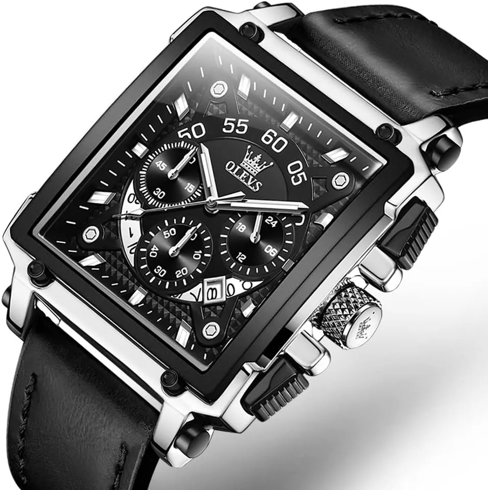 Men's Casual Leather Watch, Big Face Chronograph Watch for Men, Fashion Easy to Read Dress Watch, Men's Waterproof Luminous Date Analog Watch, Gold/Black/White/Blue Dial capacity OLEVS 