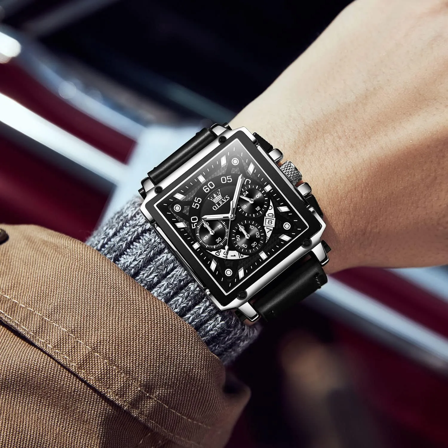 Men's Casual Leather Watch, Big Face Chronograph Watch for Men, Fashion Easy to Read Dress Watch, Men's Waterproof Luminous Date Analog Watch, Gold/Black/White/Blue Dial capacity OLEVS 