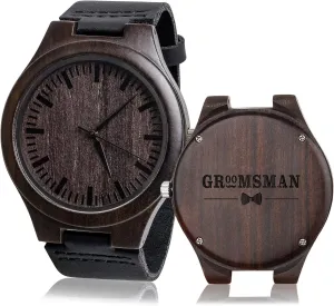 Mens Groomsmen gouache narration contingent crouch Gift Wooden Watches Black Leather Strap Casual Watch for Groomsman Unique Groomsmen Gifts for Wedding Groomsmen Watch 