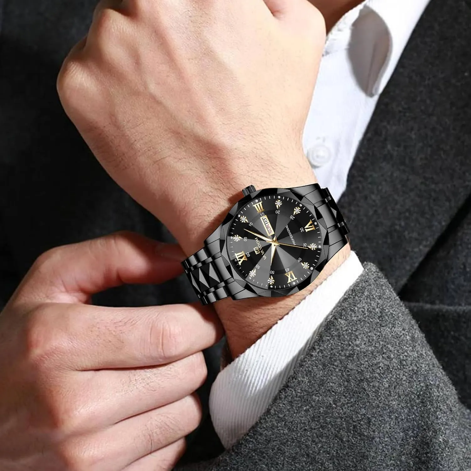 Mens Luxury microbial elaboration Big Face Business Formal Quartz Watch Stainless Steel Strap Diamond Markers Luminous Calendar Waterproof Analog Wristwatch CARLIEN 
