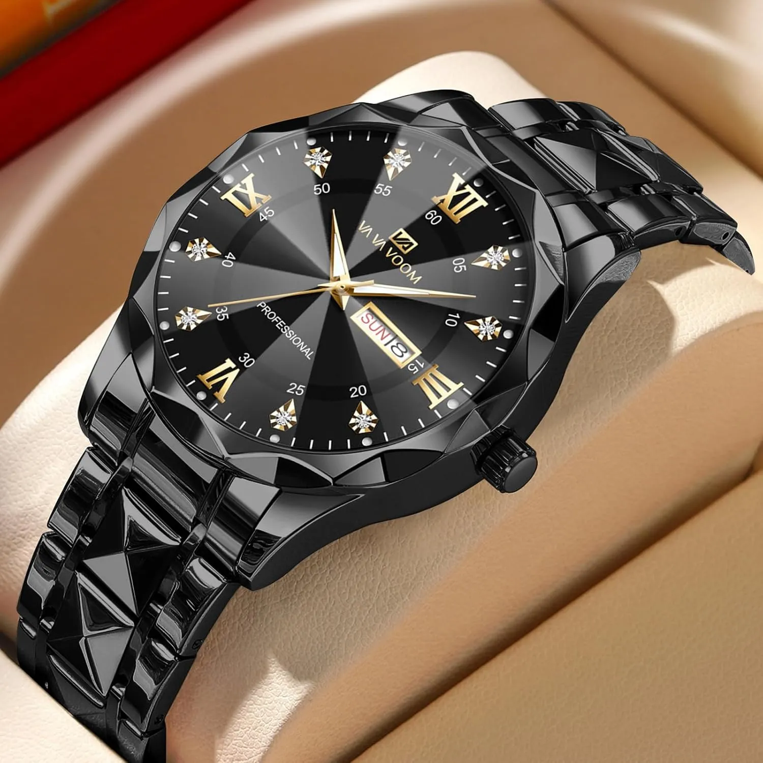 Mens Luxury microbial elaboration Big Face Business Formal Quartz Watch Stainless Steel Strap Diamond Markers Luminous Calendar Waterproof Analog Wristwatch CARLIEN 
