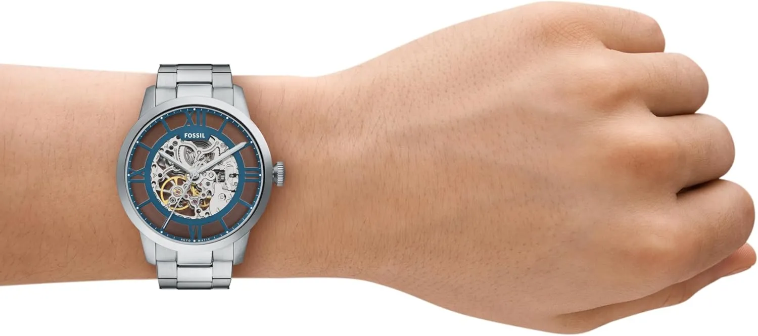 Men's Townsman Automatic reckon Stainless Steel and Leather Two-Hand Skeleton Watch Fossil 