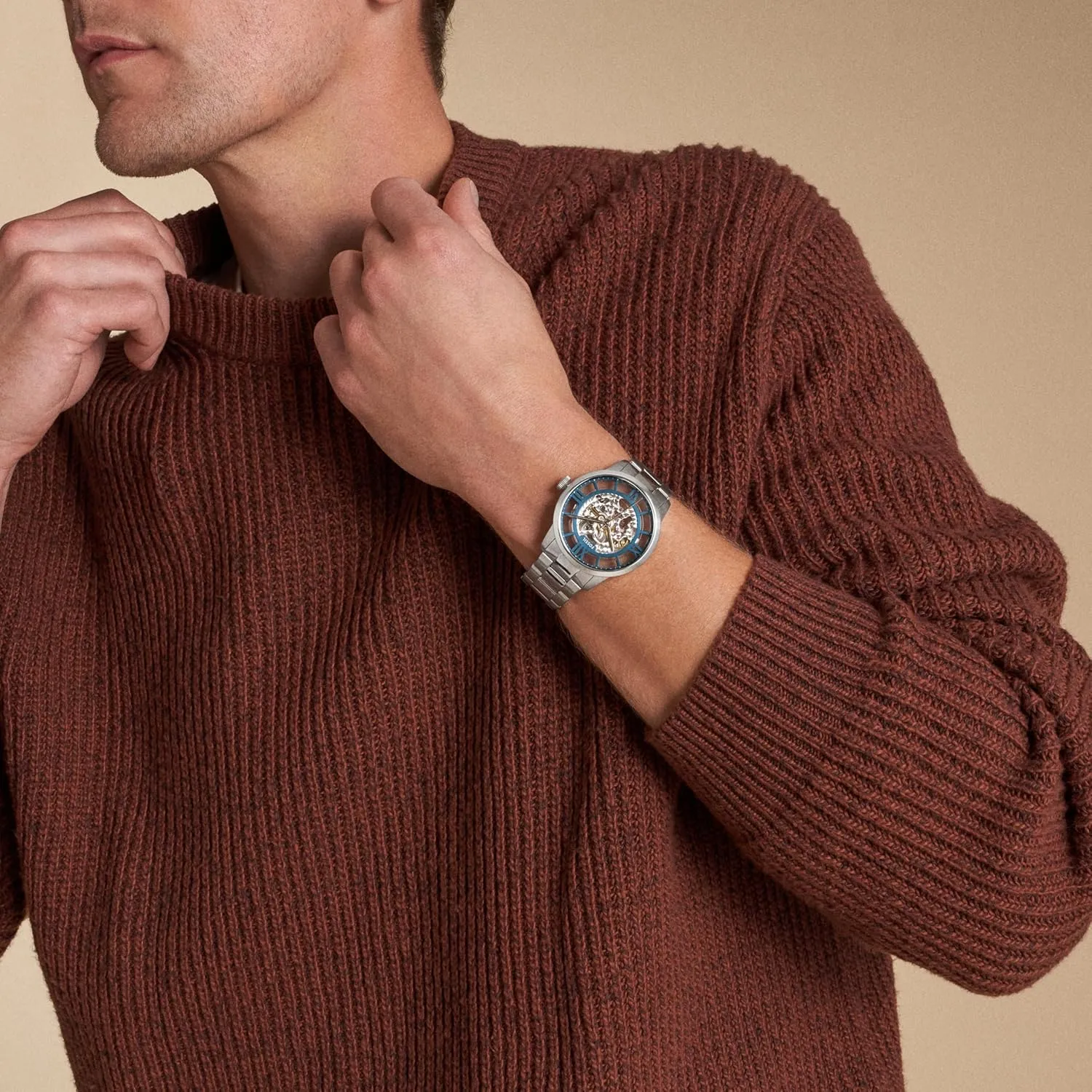 Men's Townsman Automatic reckon Stainless Steel and Leather Two-Hand Skeleton Watch Fossil 