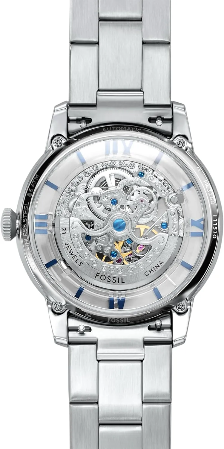Men's Townsman Automatic reckon Stainless Steel and Leather Two-Hand Skeleton Watch Fossil 