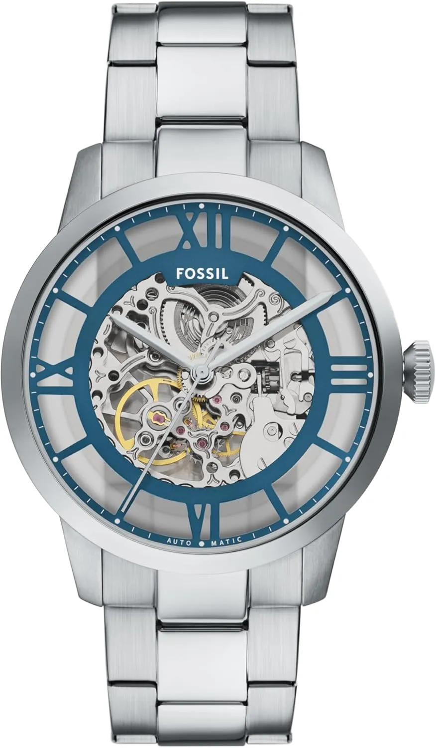 Men's Townsman Automatic reckon Stainless Steel and Leather Two-Hand Skeleton Watch Fossil 