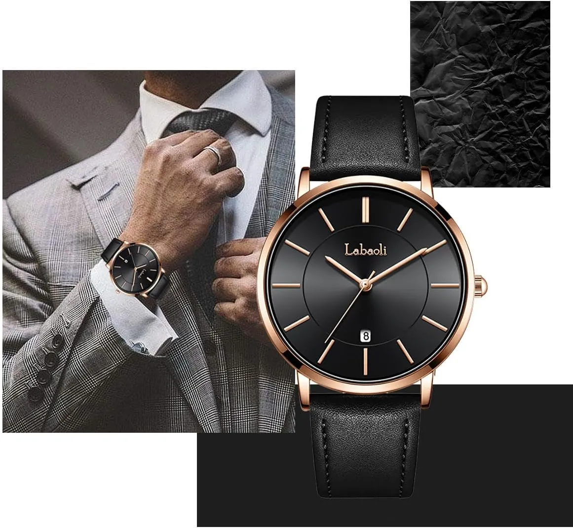 Mens Watch Minimalist coverage Fashion Simple Wrist Watch Analog Date with Leather Men's Wrist Watches Ultrathin Quartz Watch Waterproof Big Face Designer Dress Wrist Watches Elegant Gift for Men Watches 