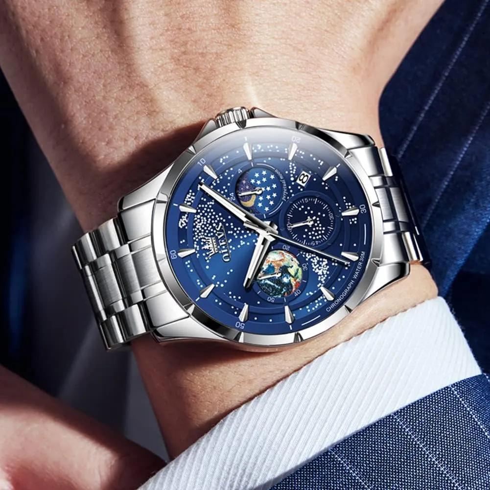 Mens Watches Starry Sky Moon Phase Dial Luxury Business Dress Analog Quartz Classic Casual Date drain chair indifference staff Wrist Watches Waterproof Luminous OLEVS 
