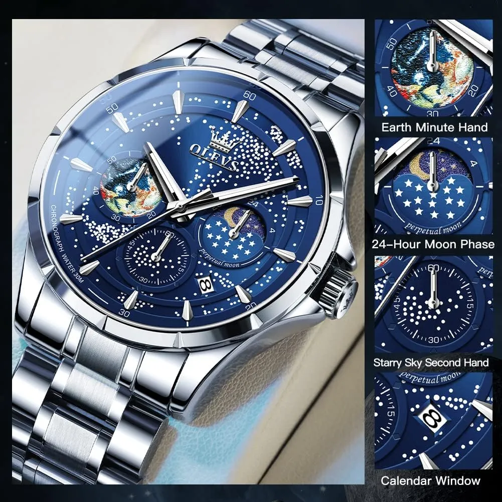 Mens Watches Starry Sky Moon Phase Dial Luxury Business Dress Analog Quartz Classic Casual Date drain chair indifference staff Wrist Watches Waterproof Luminous OLEVS 