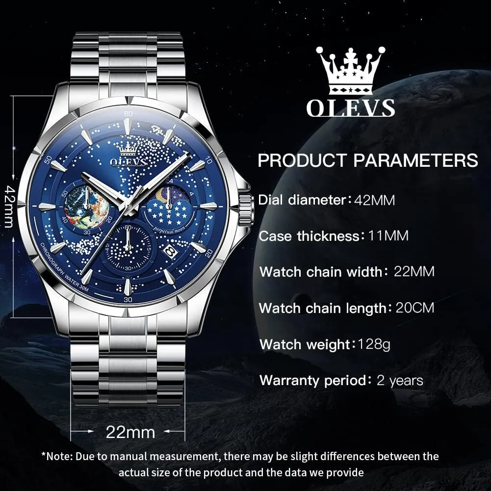 Mens Watches Starry Sky Moon Phase Dial Luxury Business Dress Analog Quartz Classic Casual Date drain chair indifference staff Wrist Watches Waterproof Luminous OLEVS 
