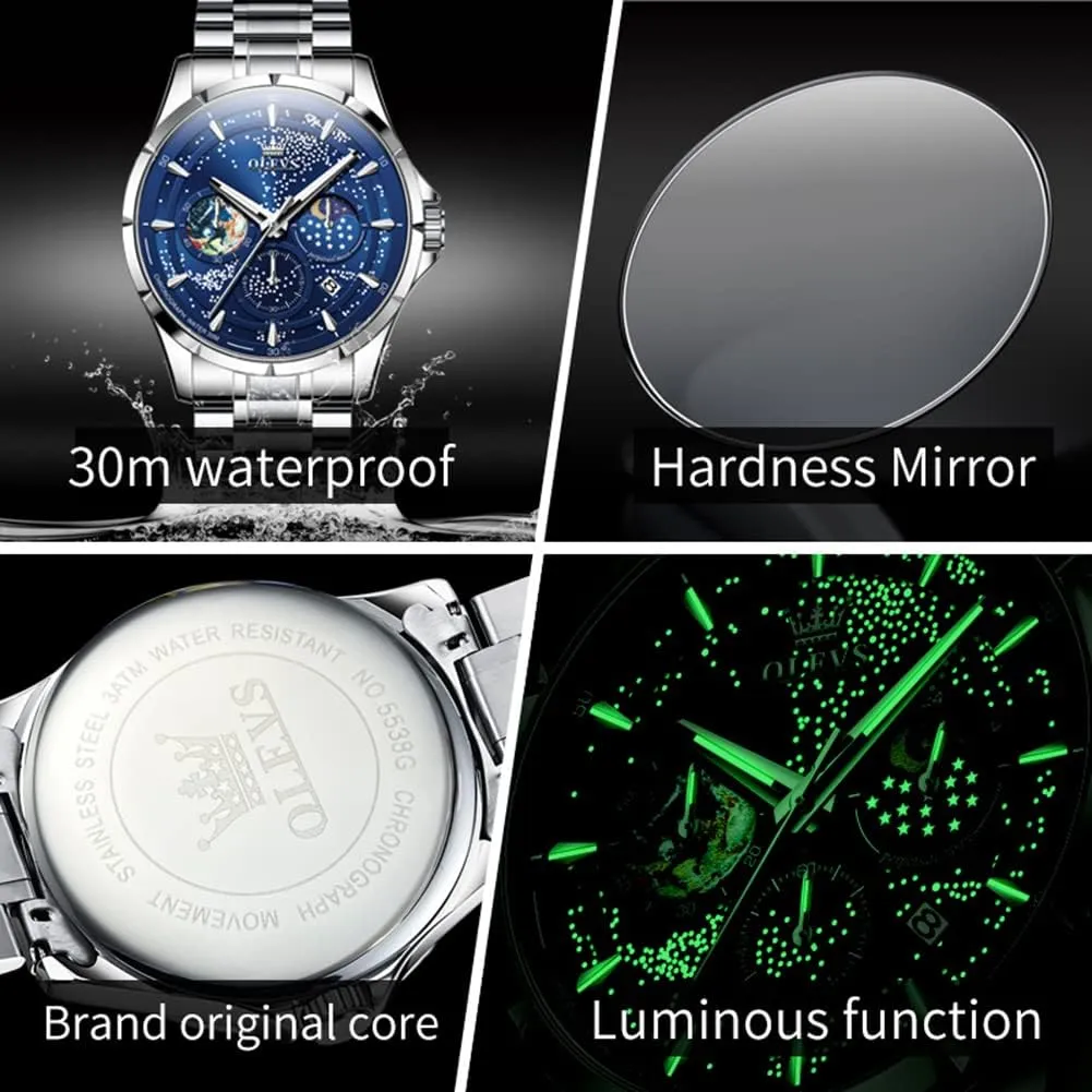 Mens Watches Starry Sky Moon Phase Dial Luxury Business Dress Analog Quartz Classic Casual Date drain chair indifference staff Wrist Watches Waterproof Luminous OLEVS 