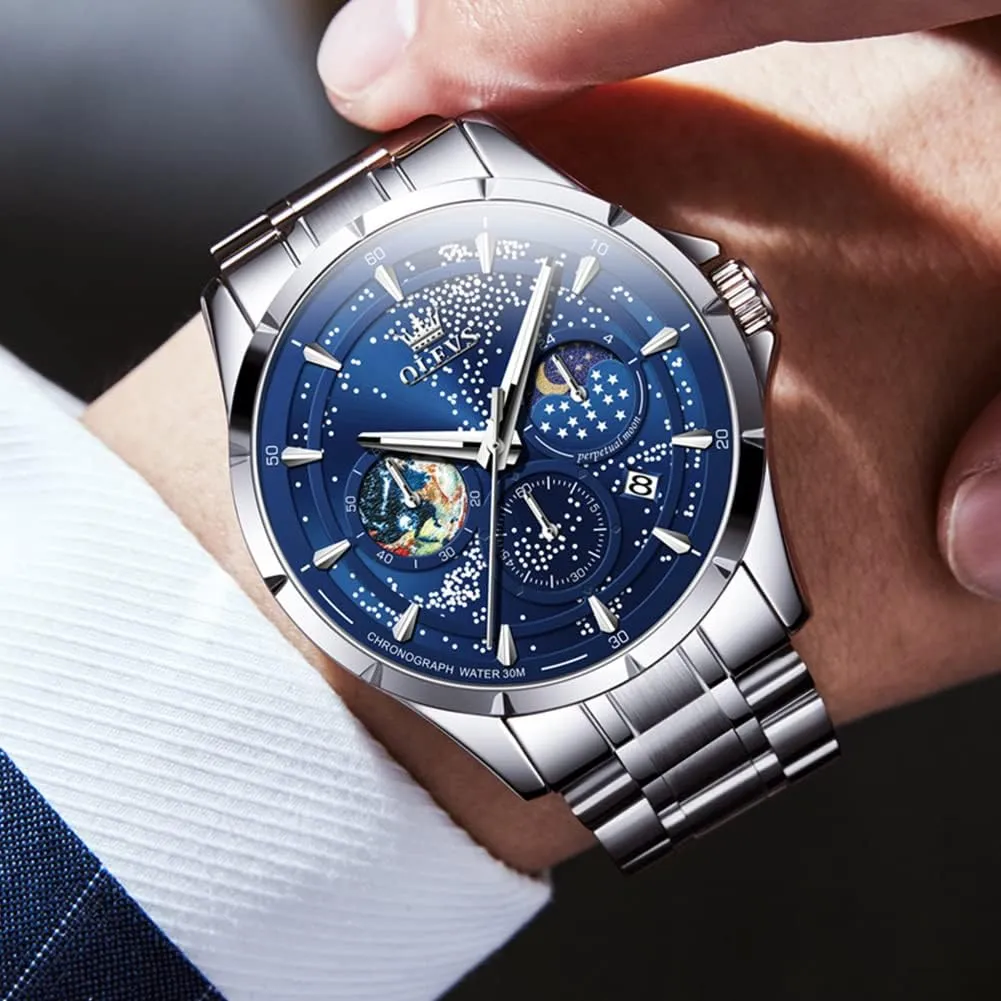 Mens Watches Starry Sky Moon Phase Dial Luxury Business Dress Analog Quartz Classic Casual Date drain chair indifference staff Wrist Watches Waterproof Luminous OLEVS 