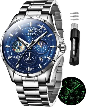 Mens Watches Starry Sky Moon Phase Dial Luxury Business Dress Analog Quartz Classic Casual Date drain chair indifference staff Wrist Watches Waterproof Luminous OLEVS 