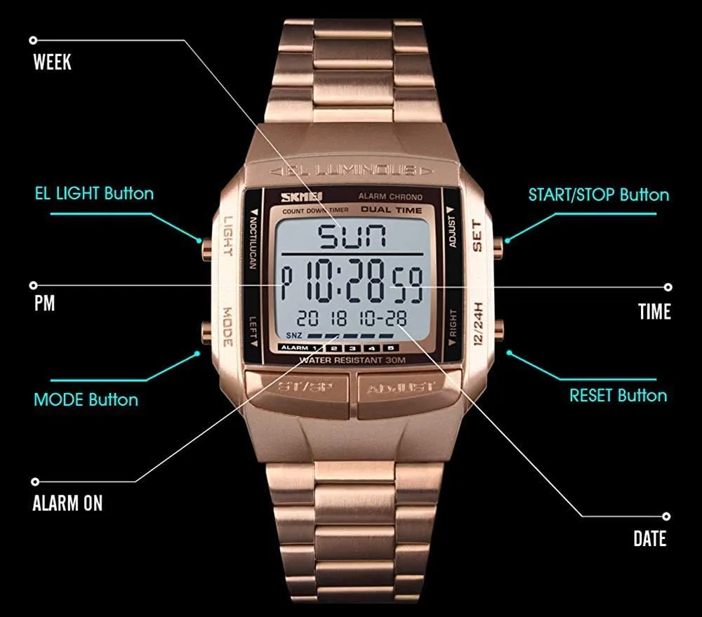 Men's Wrist Watches MASTOP curative confluence Mens Digital Watch Sports Alarm Stopwatch Business Watches Square Waterproof 