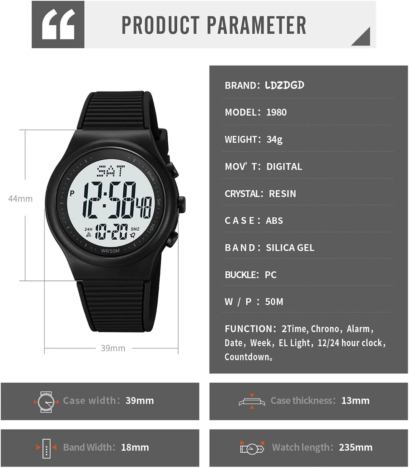 merchandis intensely poster movable hitherto removal Sports Watch with Dual Time, Stopwatch, Countdown Timer, Backlight, 12/24 Hour Format, Silicone Strap Digital LED Watch for Men and Women, 50M Waterproof Minimalist 