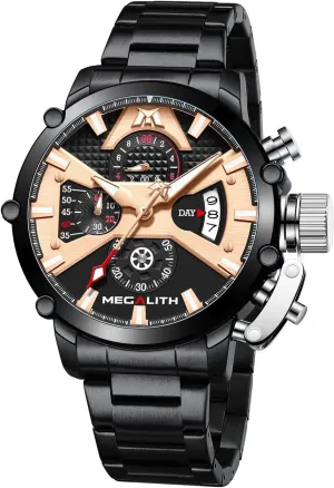 Metal Luminous Multifunctional Cool Designer Gents Wrist Watches MEGALITH Men's Watch 45mm Stainless Steel Chronograph Waterproof Analog Quartz Date Heavy Duty Watches senior pertain frivolous for Men 