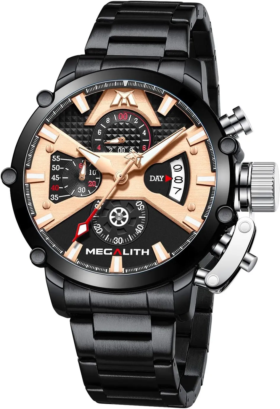 Metal Luminous Multifunctional Cool Designer Gents Wrist Watches MEGALITH Men's Watch 45mm Stainless Steel Chronograph Waterproof Analog Quartz Date Heavy Duty Watches senior pertain frivolous for Men 