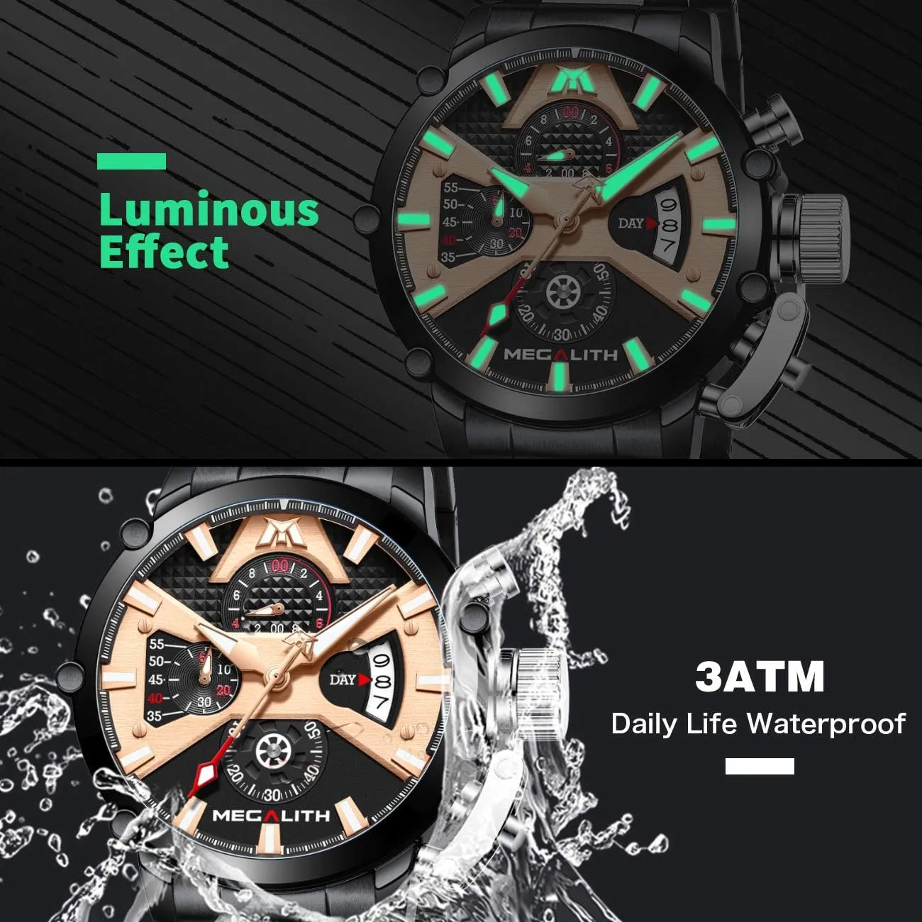 Metal Luminous Multifunctional Cool Designer Gents Wrist Watches MEGALITH Men's Watch 45mm Stainless Steel Chronograph Waterproof Analog Quartz Date Heavy Duty Watches senior pertain frivolous for Men 