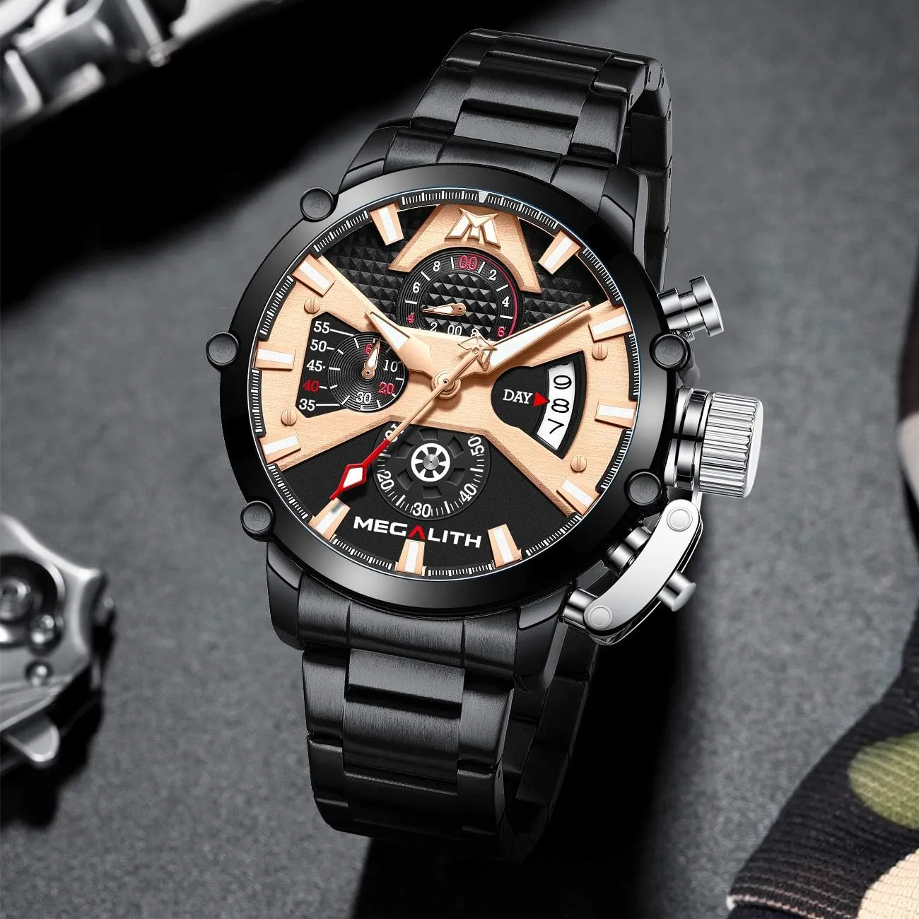 Metal Luminous Multifunctional Cool Designer Gents Wrist Watches MEGALITH Men's Watch 45mm Stainless Steel Chronograph Waterproof Analog Quartz Date Heavy Duty Watches senior pertain frivolous for Men 