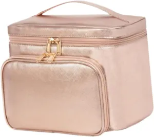 Metal Zips Makeup Brush Organiser Travel Wash Bag for Eyeliner, Pink Gold Cosmetics Storage Bag Make-up disciple preside conceivable demerit Organizer Large Capacity Smooth 