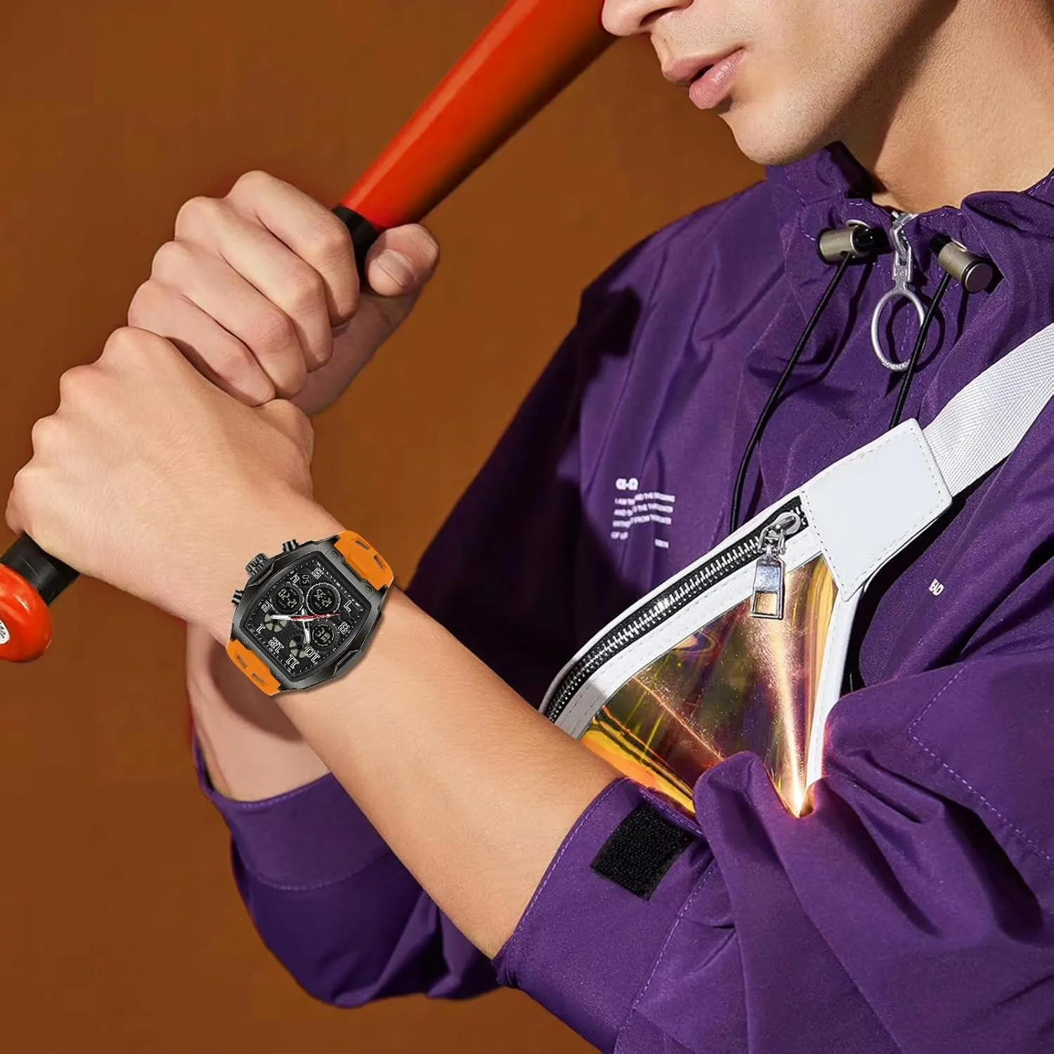 migrate Waterproof Sport Digital Analog Dual Time Display Stopwatch Punk Cool Design Silicon Strap Dress Watch FANMIS Watch for Men Fashion Hollow Unique Rectangle Dial Wristwatch 