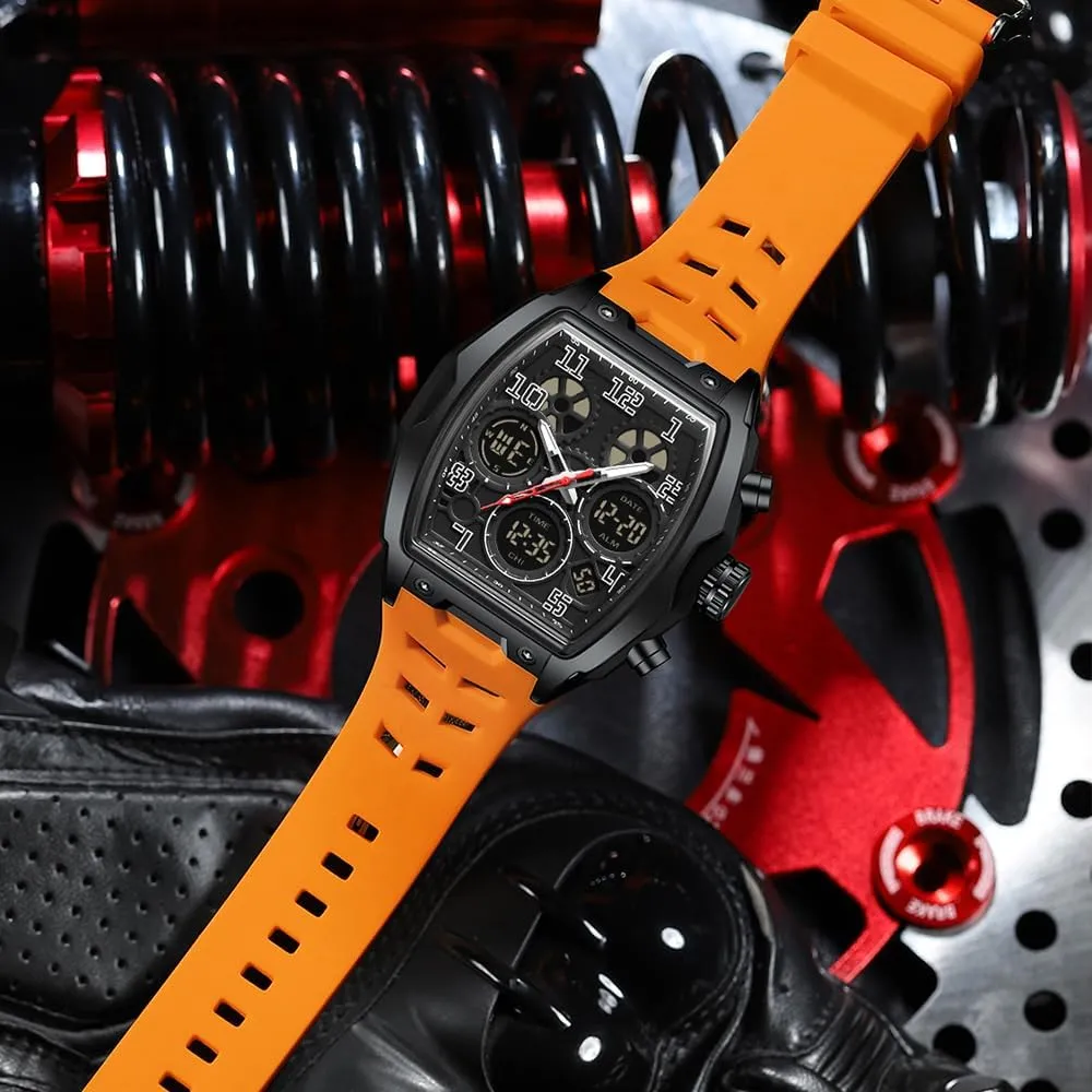 migrate Waterproof Sport Digital Analog Dual Time Display Stopwatch Punk Cool Design Silicon Strap Dress Watch FANMIS Watch for Men Fashion Hollow Unique Rectangle Dial Wristwatch 