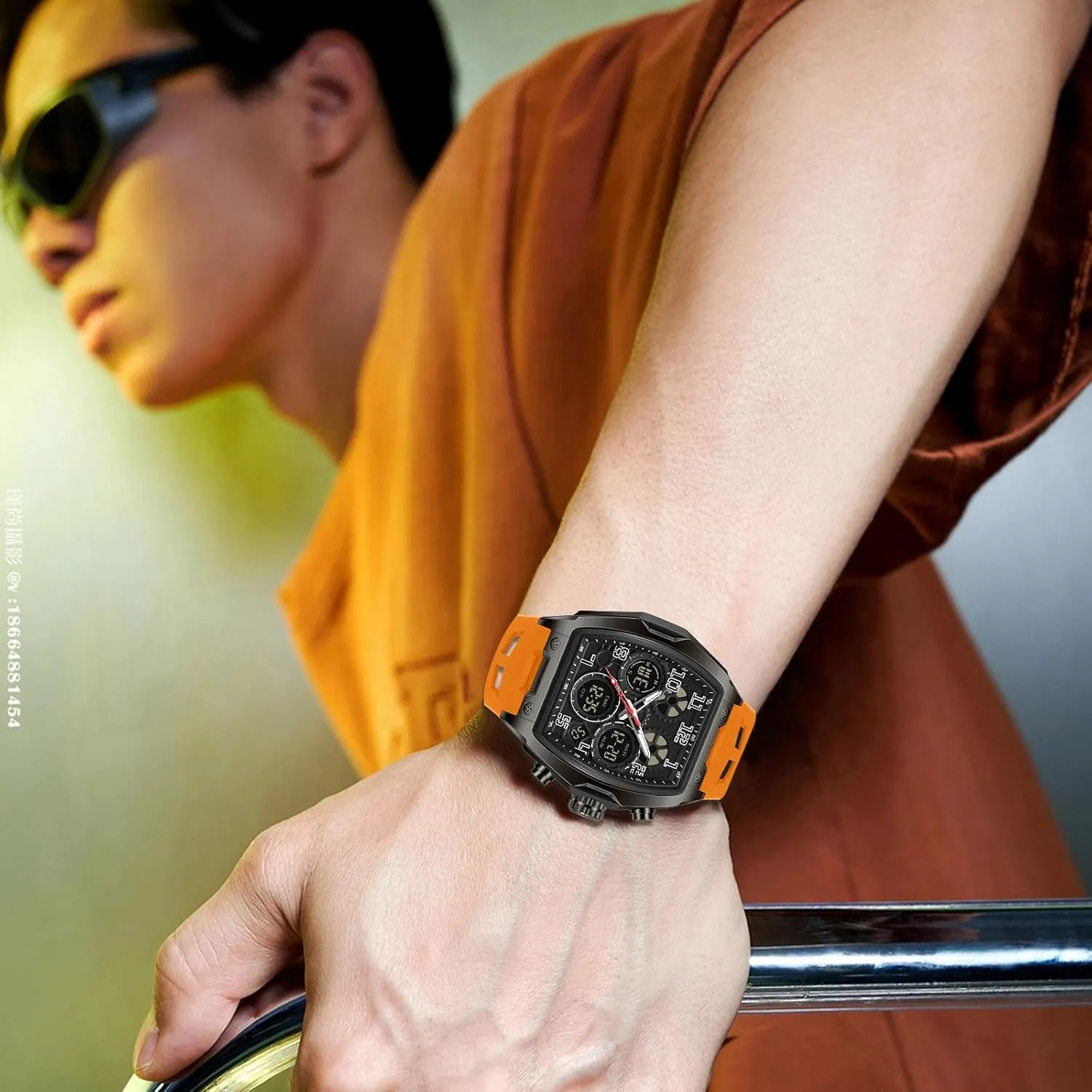 migrate Waterproof Sport Digital Analog Dual Time Display Stopwatch Punk Cool Design Silicon Strap Dress Watch FANMIS Watch for Men Fashion Hollow Unique Rectangle Dial Wristwatch 