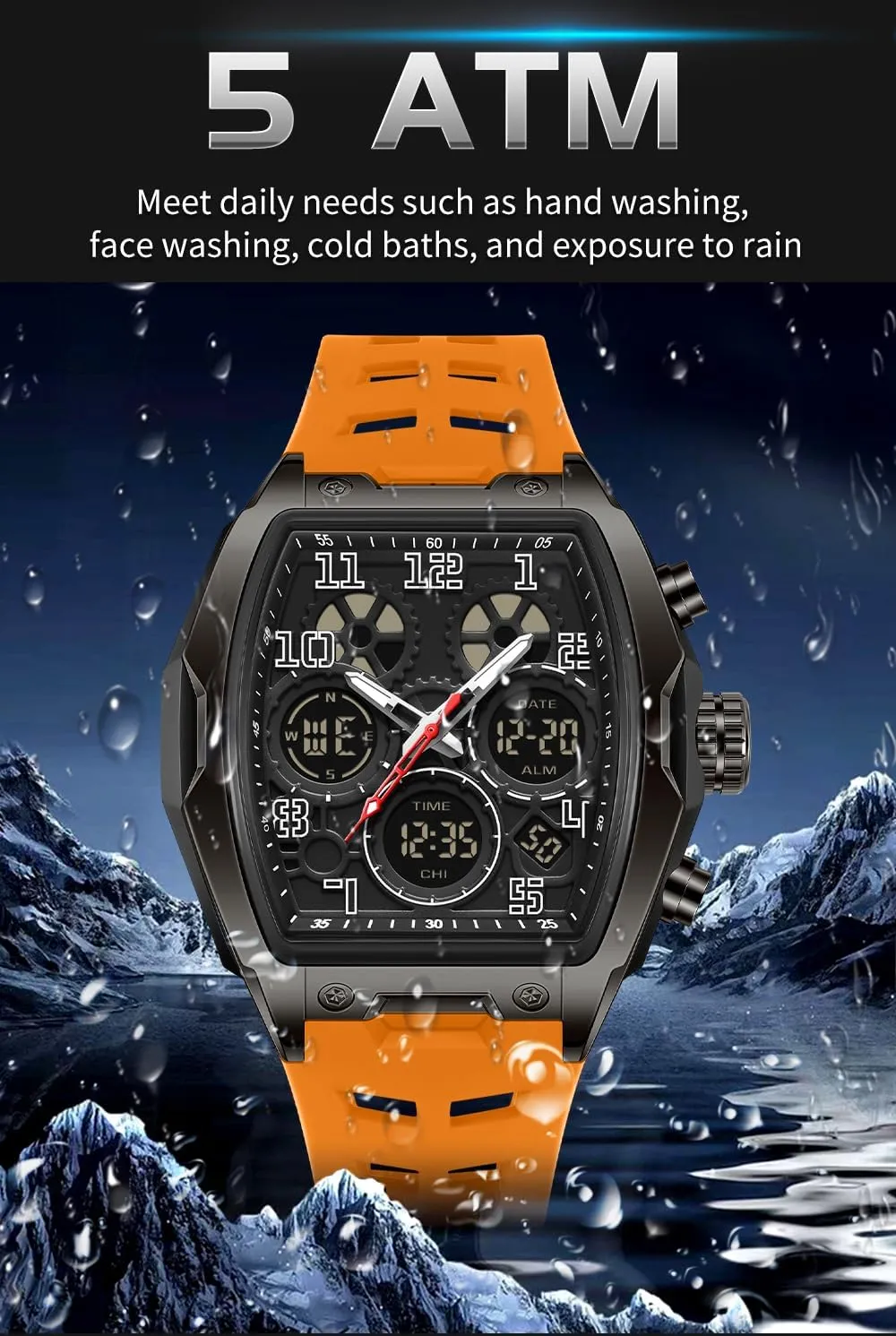 migrate Waterproof Sport Digital Analog Dual Time Display Stopwatch Punk Cool Design Silicon Strap Dress Watch FANMIS Watch for Men Fashion Hollow Unique Rectangle Dial Wristwatch 