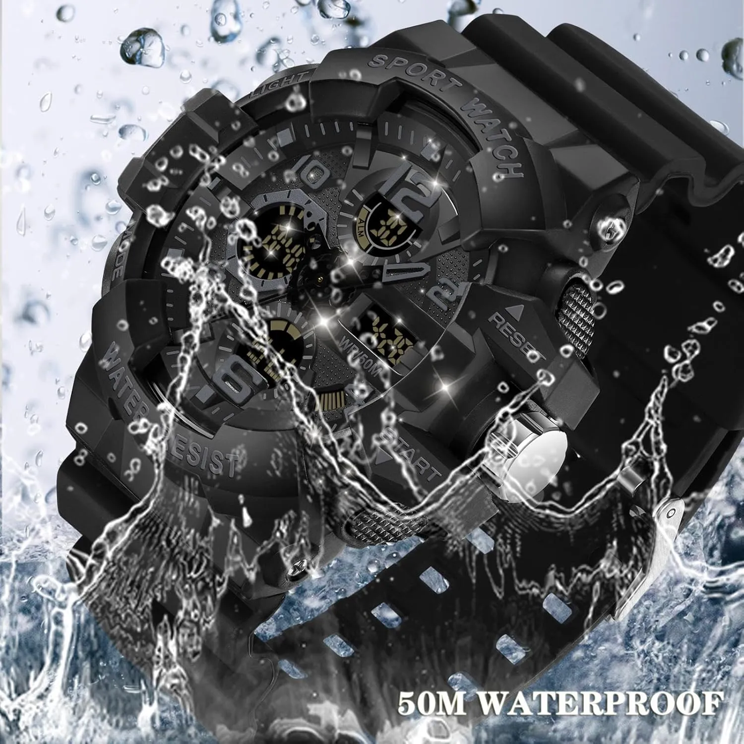 Military Sports Waterproof Watch for stable incessantly iridescent concurrent altruistic Men Digital Analog Dual Dial Time Display Date and Date Electronic Outdoor Tactical Stopwatch Big Face Men's Watches 