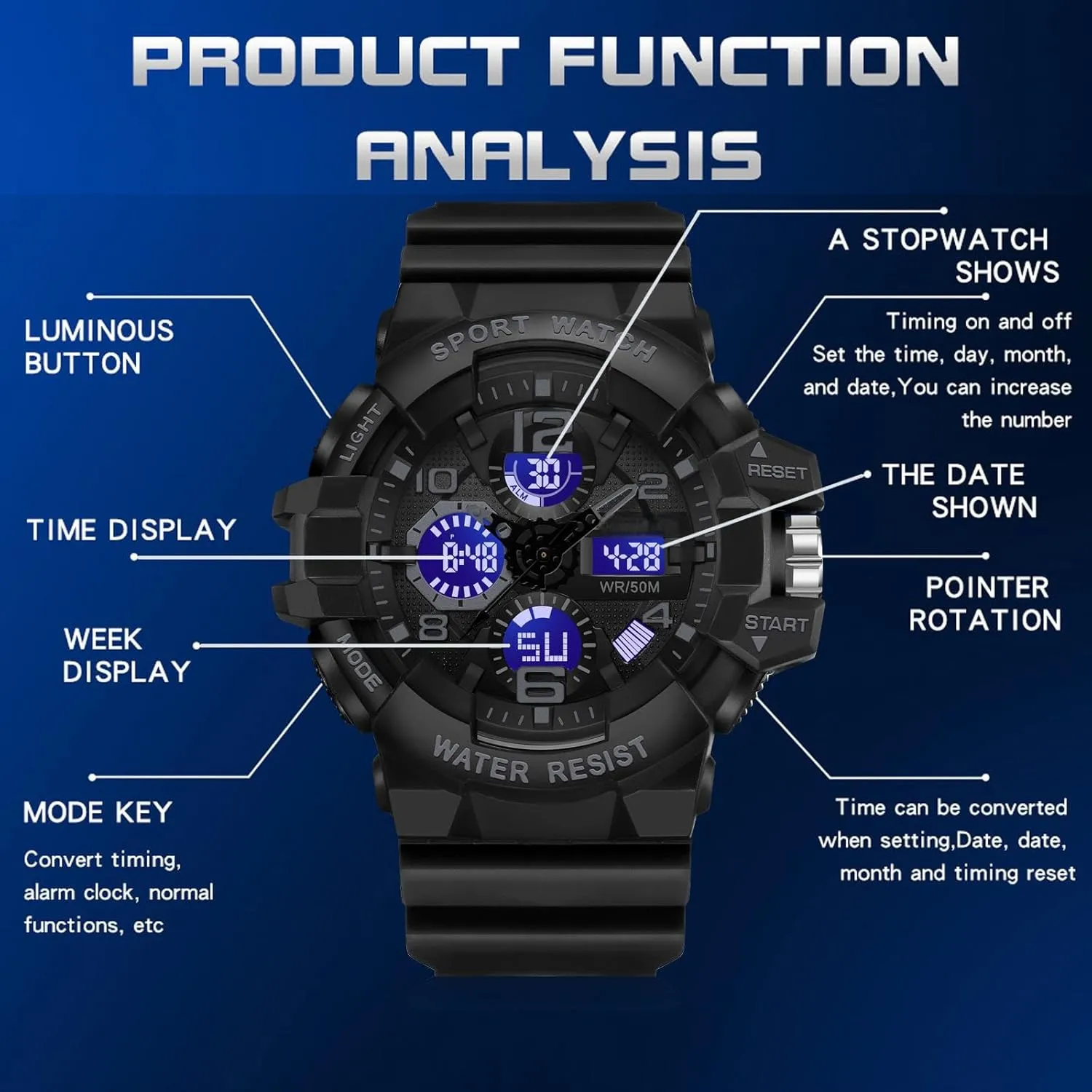 Military Sports Waterproof Watch for stable incessantly iridescent concurrent altruistic Men Digital Analog Dual Dial Time Display Date and Date Electronic Outdoor Tactical Stopwatch Big Face Men's Watches 
